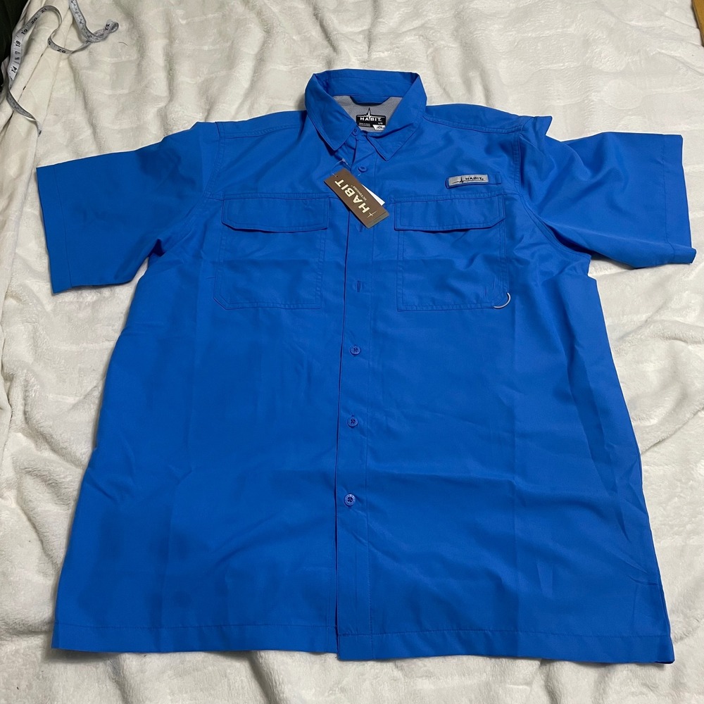Habit Fishing Shirt Men Large Blue Short Sleeve Solar-Factor UPF 50+ Vented Back